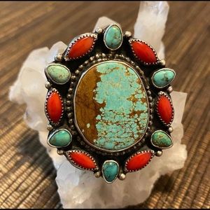 Turquoise and coral cluster ring